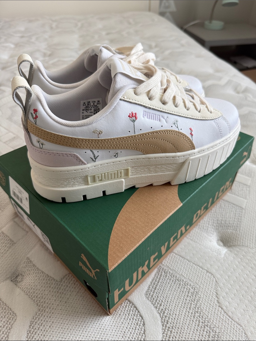 Puma White Casual Sneakers with Beige Stripe and Red Floral Accents